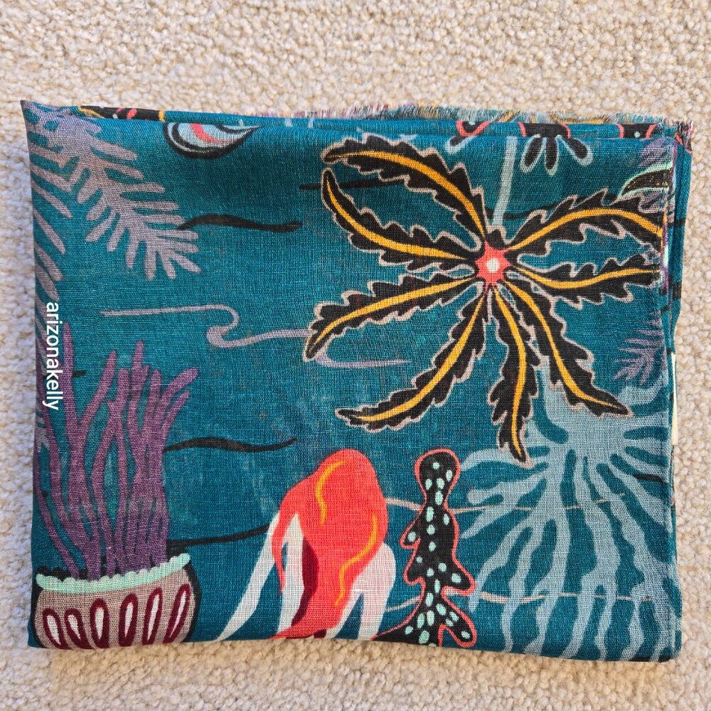 NWT Spartina 447 Linen Blend Scarf w/ Undersea Scene Mermaid Jellyfish, Seahorse - Picture 12 of 12